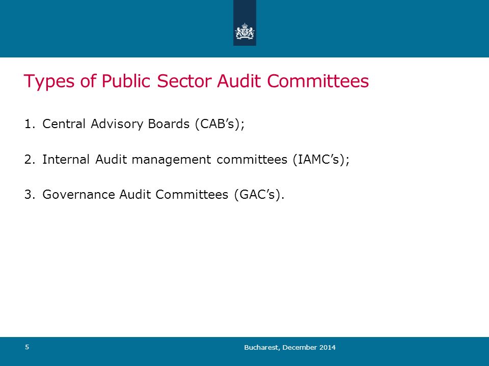 Types of Public Sector Audit Committees Bucharest, December Central Advisory Boards (CAB’s); 2.Internal Audit management committees (IAMC’s); 3.Governance Audit Committees (GAC’s).