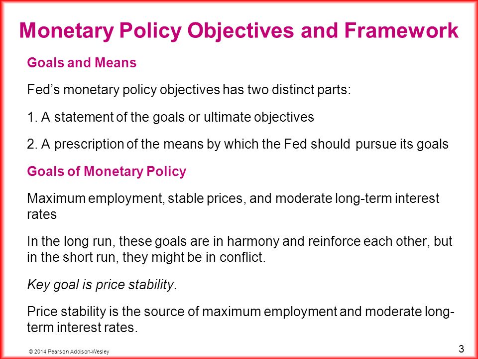 © 2014 Pearson Addison-Wesley 3 Goals and Means Fed’s monetary policy objectives has two distinct parts: 1.