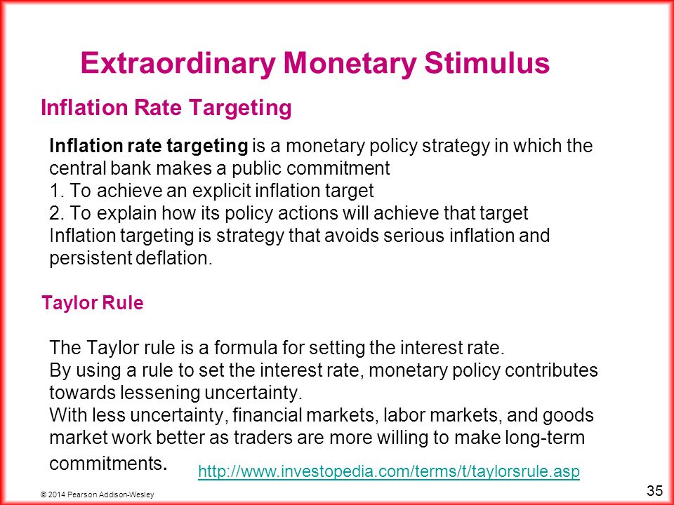 © 2014 Pearson Addison-Wesley 35 Inflation Rate Targeting Inflation rate targeting is a monetary policy strategy in which the central bank makes a public commitment 1.