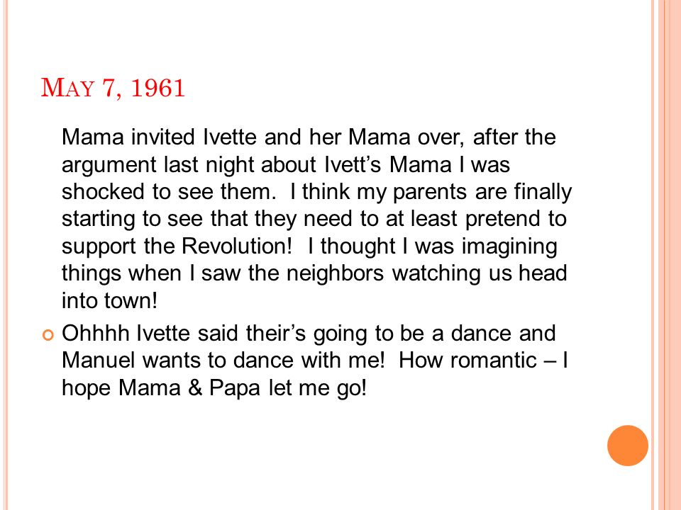 M AY 7, 1961 Mama invited Ivette and her Mama over, after the argument last night about Ivett’s Mama I was shocked to see them.
