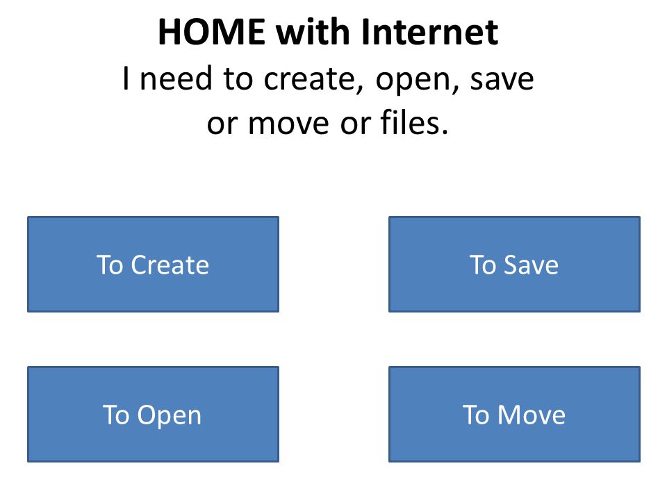 HOME with Internet I need to create, open, save or move or files. To SaveTo Create To OpenTo Move