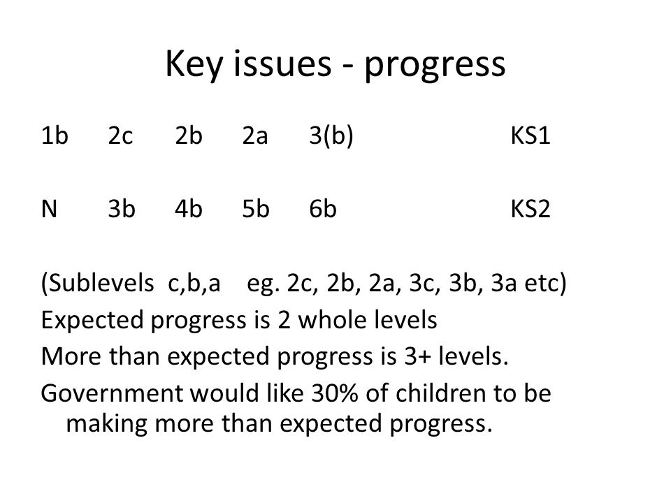Key issues - progress 1b 2c2b2a3(b) KS1 N3b4b5b6bKS2 (Sublevels c,b,a eg.