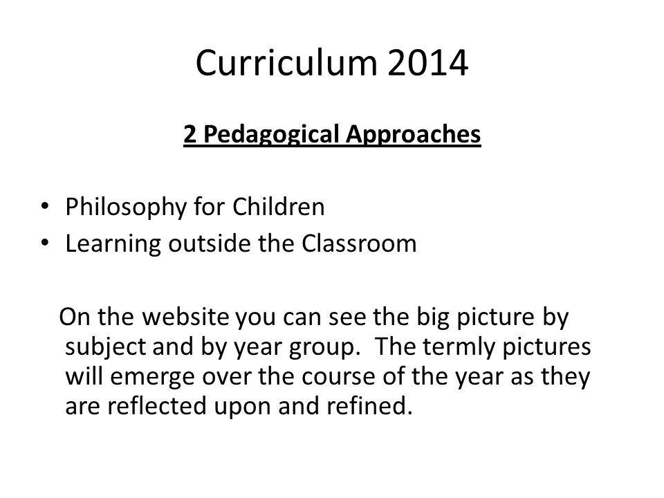 Curriculum Pedagogical Approaches Philosophy for Children Learning outside the Classroom On the website you can see the big picture by subject and by year group.