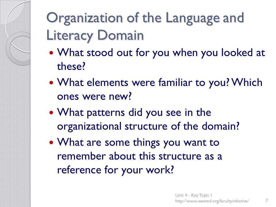 Organization of the Language and Literacy Domain What stood out for you when you looked at these.