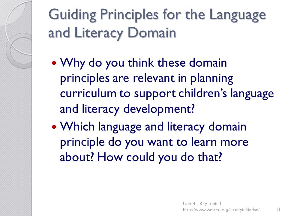 Guiding Principles for the Language and Literacy Domain Why do you think these domain principles are relevant in planning curriculum to support children’s language and literacy development.