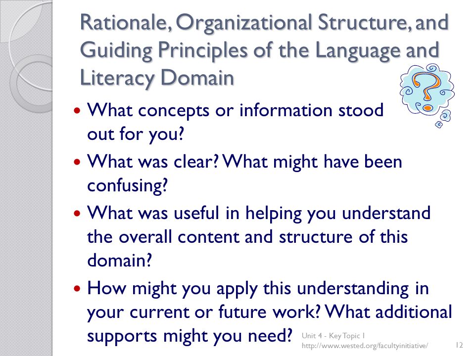 Rationale, Organizational Structure, and Guiding Principles of the Language and Literacy Domain What concepts or information stood out for you.