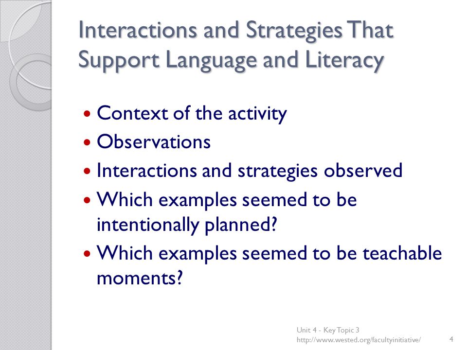 Interactions and Strategies That Support Language and Literacy Context of the activity Observations Interactions and strategies observed Which examples seemed to be intentionally planned.