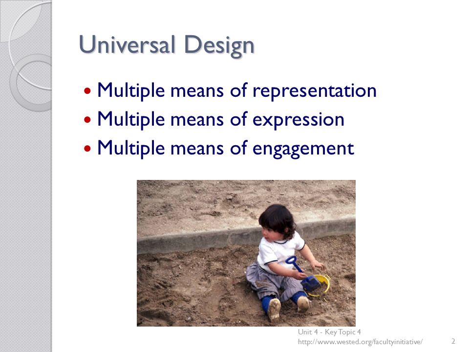 Universal Design Multiple means of representation Multiple means of expression Multiple means of engagement Unit 4 - Key Topic 4