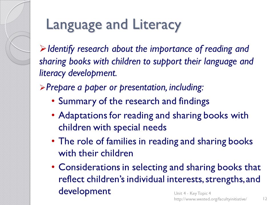 Language and Literacy  Identify research about the importance of reading and sharing books with children to support their language and literacy development.