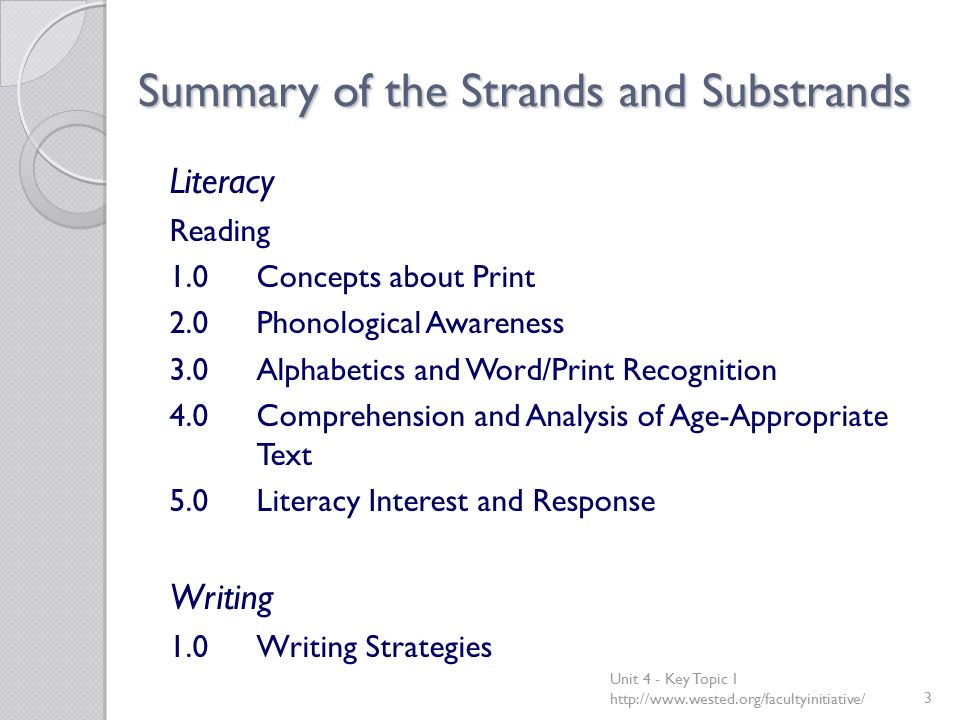 Summary of the Strands and Substrands Literacy Reading 1.0Concepts about Print 2.0Phonological Awareness 3.0Alphabetics and Word/Print Recognition 4.0Comprehension and Analysis of Age-Appropriate Text 5.0Literacy Interest and Response Writing 1.0Writing Strategies Unit 4 - Key Topic 1
