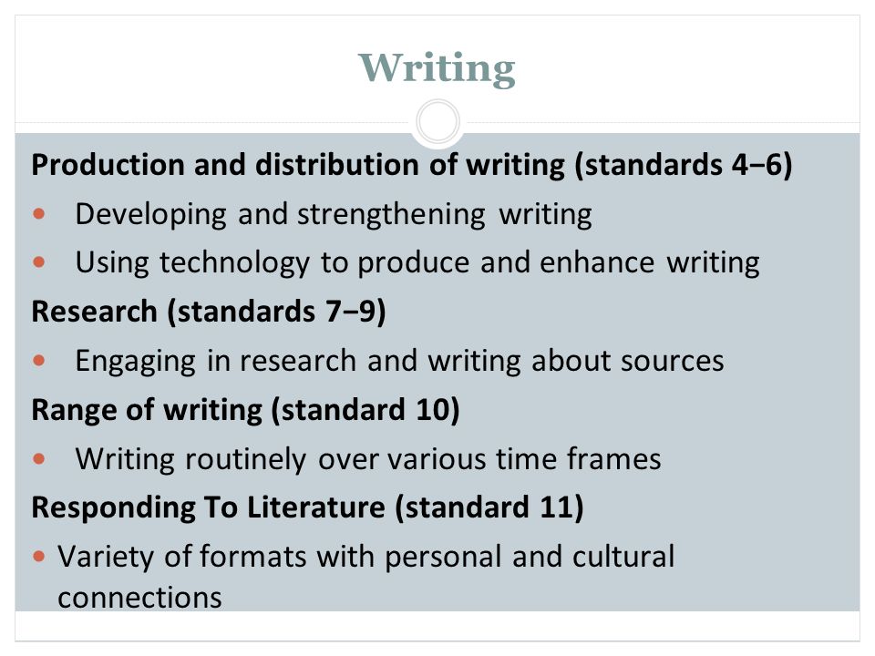 Writing Production and distribution of writing (standards 4−6) Developing and strengthening writing Using technology to produce and enhance writing Research (standards 7−9) Engaging in research and writing about sources Range of writing (standard 10) Writing routinely over various time frames Responding To Literature (standard 11) Variety of formats with personal and cultural connections