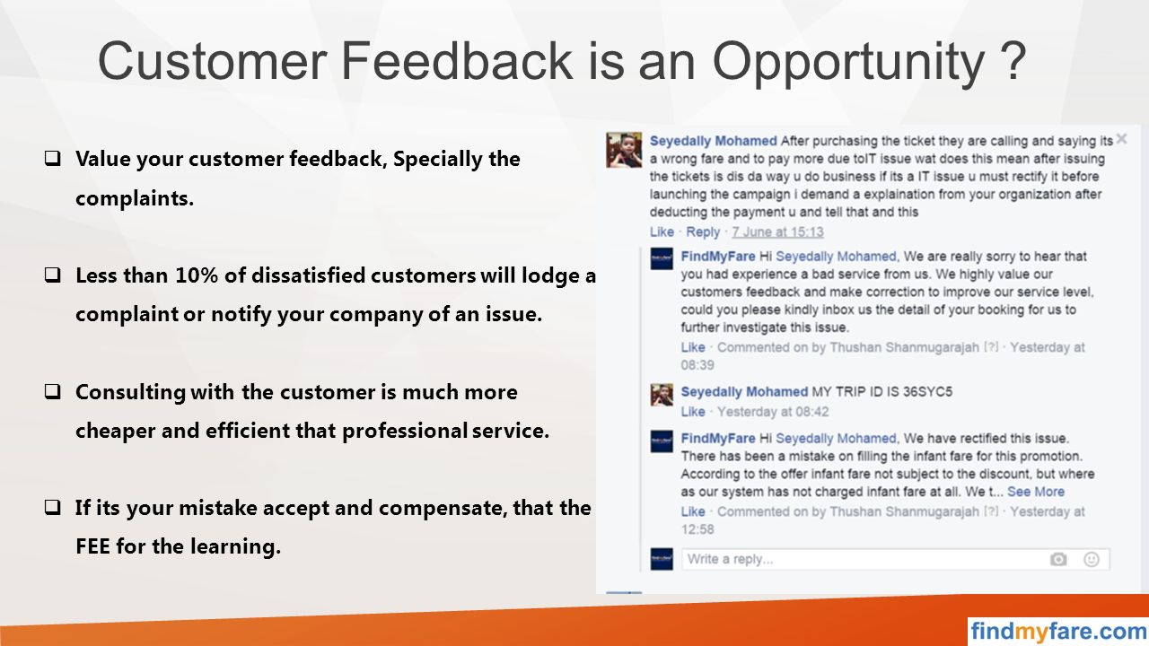 Customer Feedback is an Opportunity .  Value your customer feedback, Specially the complaints.
