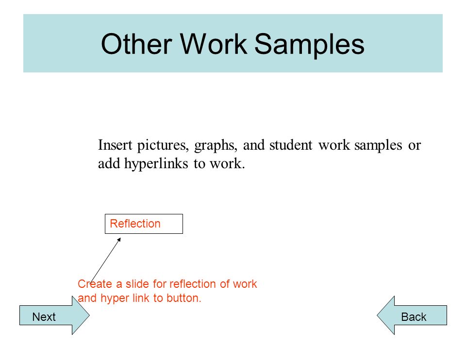 Other Work Samples Insert pictures, graphs, and student work samples or add hyperlinks to work.