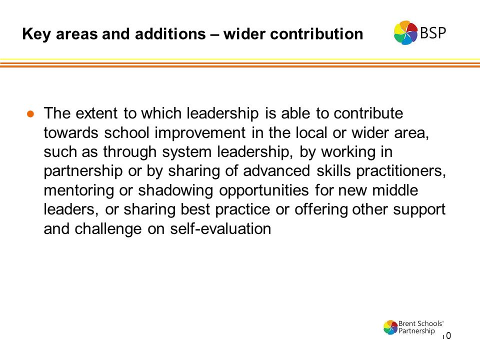 10 ●The extent to which leadership is able to contribute towards school improvement in the local or wider area, such as through system leadership, by working in partnership or by sharing of advanced skills practitioners, mentoring or shadowing opportunities for new middle leaders, or sharing best practice or offering other support and challenge on self-evaluation Key areas and additions – wider contribution
