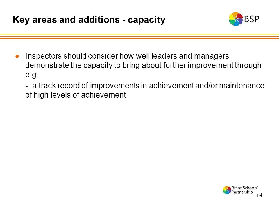 14 ●Inspectors should consider how well leaders and managers demonstrate the capacity to bring about further improvement through e.g.