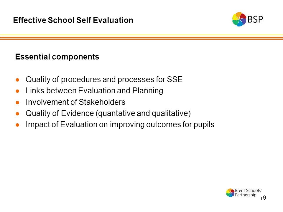 19 Essential components ●Quality of procedures and processes for SSE ●Links between Evaluation and Planning ●Involvement of Stakeholders ●Quality of Evidence (quantative and qualitative) ●Impact of Evaluation on improving outcomes for pupils Effective School Self Evaluation