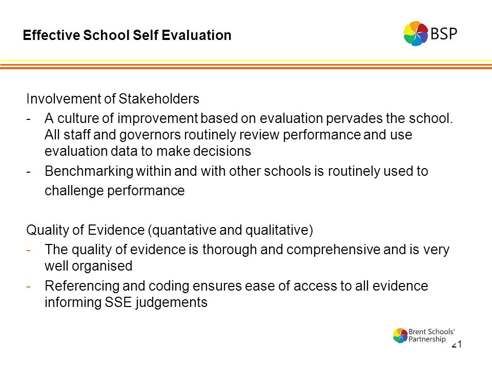 21 Involvement of Stakeholders -A culture of improvement based on evaluation pervades the school.
