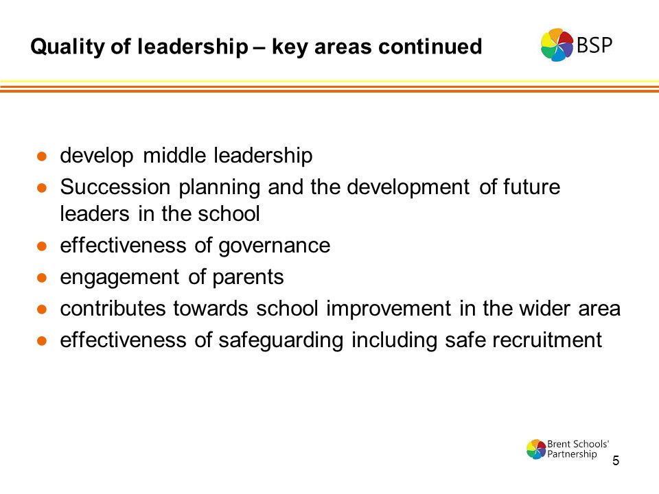 5 ●develop middle leadership ●Succession planning and the development of future leaders in the school ●effectiveness of governance ●engagement of parents ●contributes towards school improvement in the wider area ●effectiveness of safeguarding including safe recruitment Quality of leadership – key areas continued