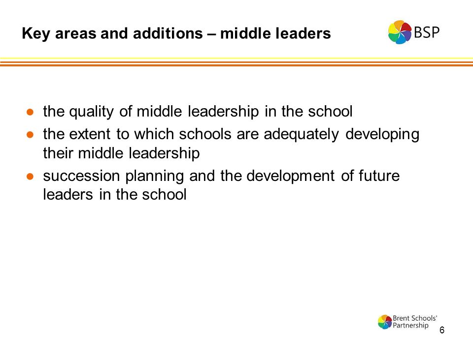 6 ●the quality of middle leadership in the school ●the extent to which schools are adequately developing their middle leadership ●succession planning and the development of future leaders in the school Key areas and additions – middle leaders