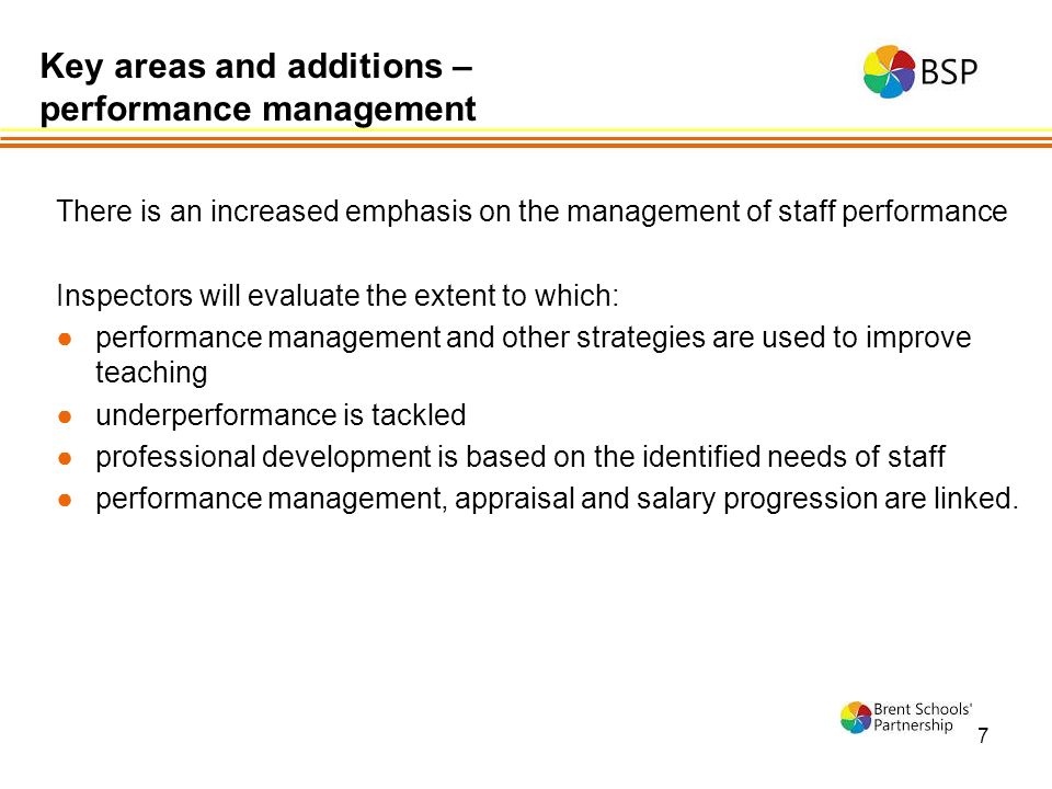 7 There is an increased emphasis on the management of staff performance Inspectors will evaluate the extent to which: ●performance management and other strategies are used to improve teaching ●underperformance is tackled ●professional development is based on the identified needs of staff ●performance management, appraisal and salary progression are linked.