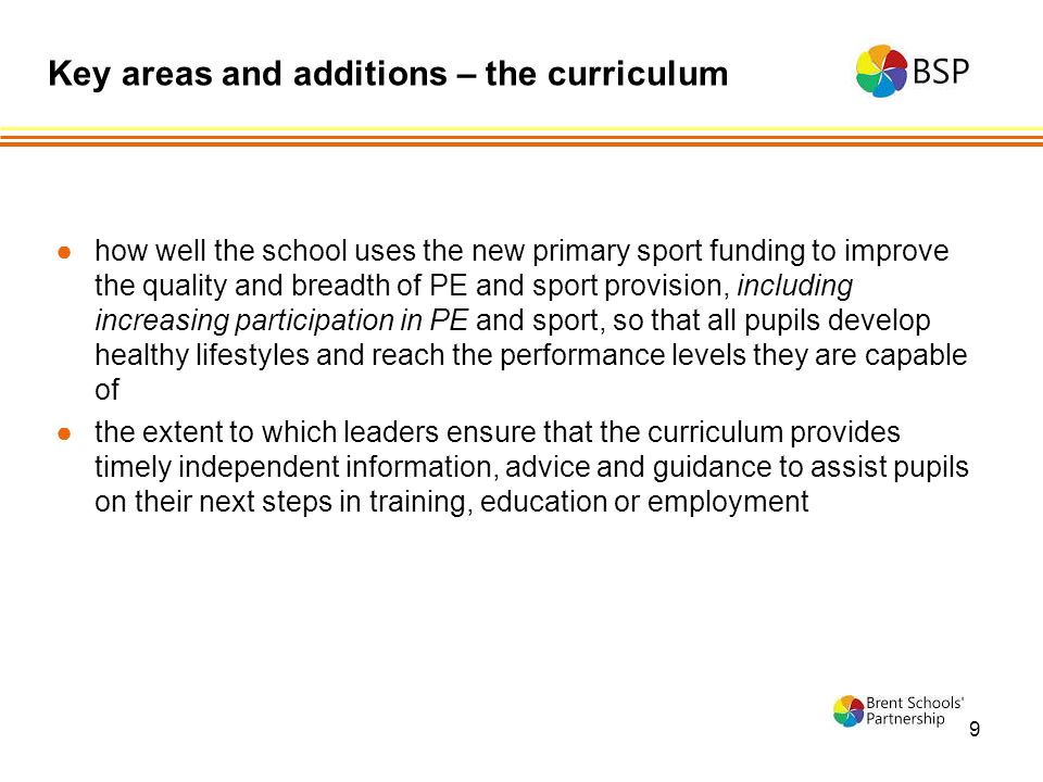 9 ●how well the school uses the new primary sport funding to improve the quality and breadth of PE and sport provision, including increasing participation in PE and sport, so that all pupils develop healthy lifestyles and reach the performance levels they are capable of ●the extent to which leaders ensure that the curriculum provides timely independent information, advice and guidance to assist pupils on their next steps in training, education or employment Key areas and additions – the curriculum