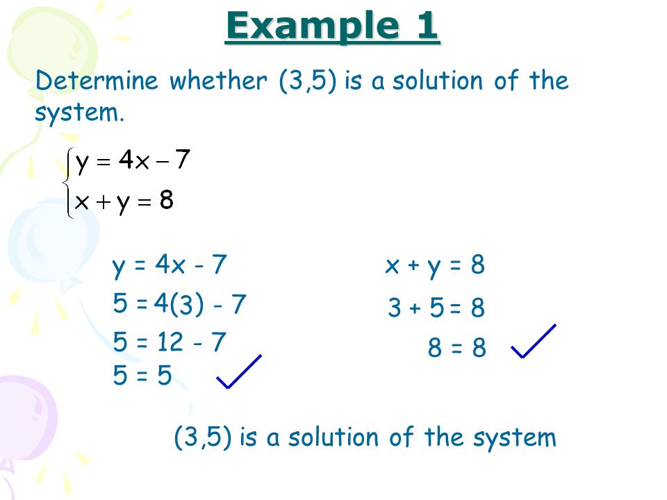 Example 1 Determine whether (3,5) is a solution of the system.