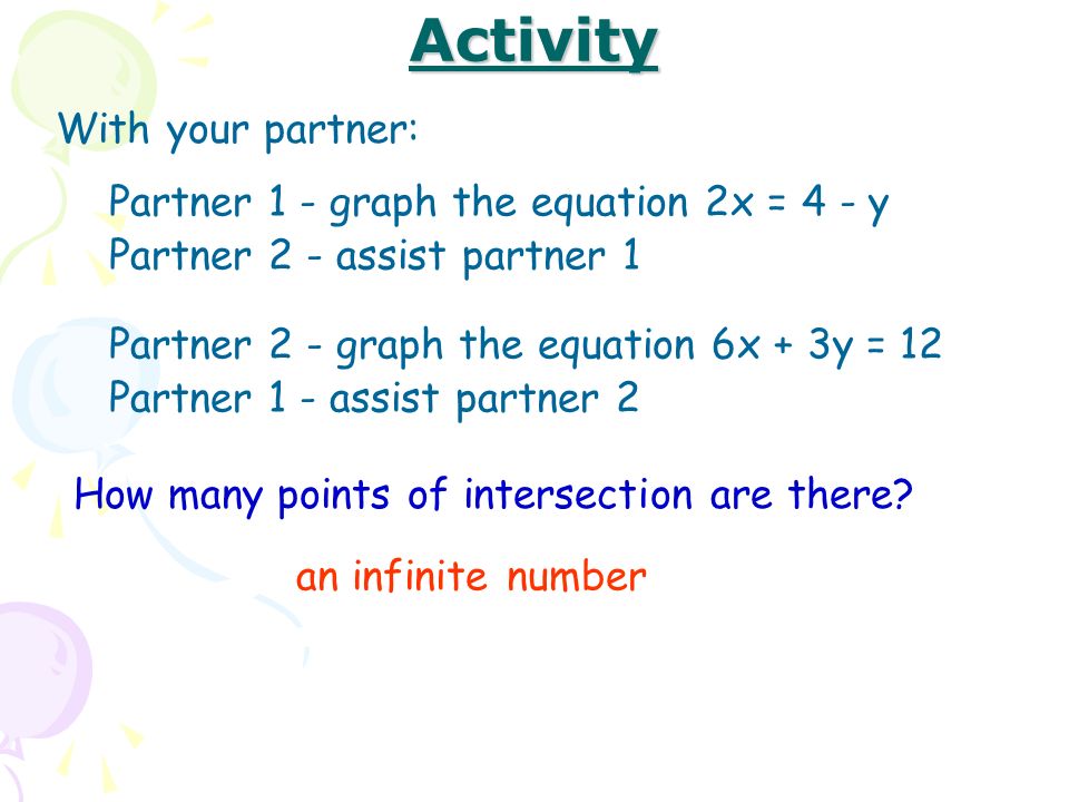 Activity With your partner: Partner 1 - graph the equation 2x = 4 - y Partner 2 - assist partner 1 Partner 2 - graph the equation 6x + 3y = 12 Partner 1 - assist partner 2 How many points of intersection are there.