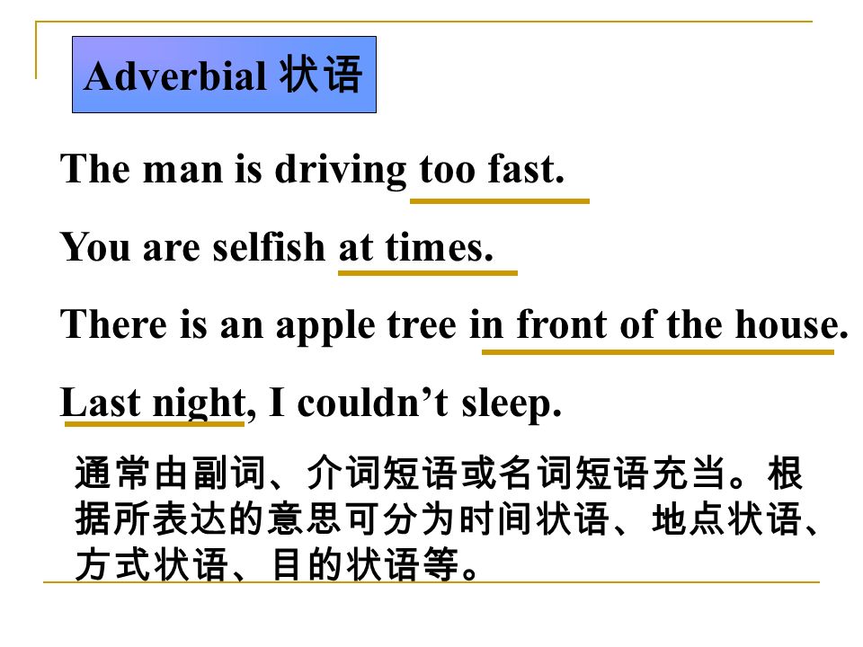 Adverbial 状语 The man is driving too fast. You are selfish at times.