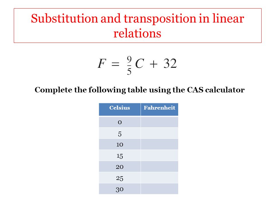 Linear Equations A Equation Is An Which Contains 13 Substitution And Transposition In Linear Relations Complete The Following Table Using Cas Calculator Celsiusfahrenheit 0 5 10 15 20 25 30