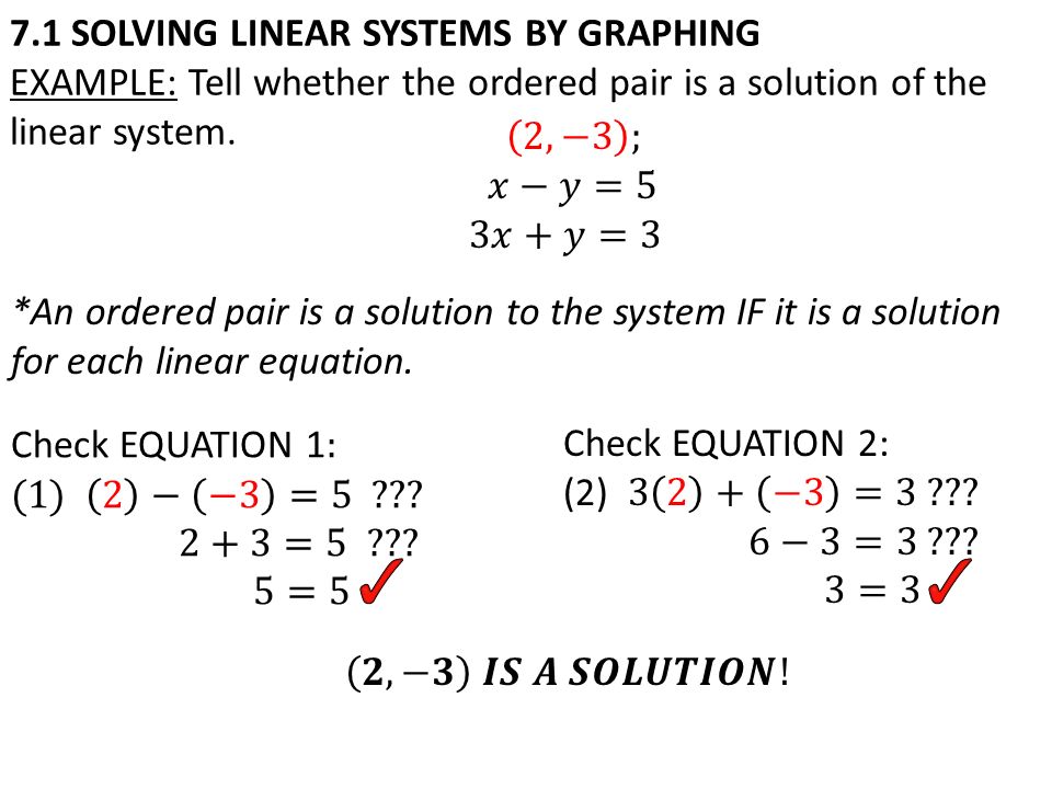7.1 SOLVING LINEAR SYSTEMS BY GRAPHING EXAMPLE: Tell whether the ordered pair is a solution of the linear system.