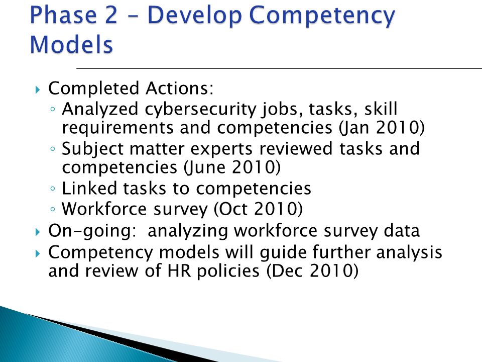  Completed Actions: ◦ Analyzed cybersecurity jobs, tasks, skill requirements and competencies (Jan 2010) ◦ Subject matter experts reviewed tasks and competencies (June 2010) ◦ Linked tasks to competencies ◦ Workforce survey (Oct 2010)  On-going: analyzing workforce survey data  Competency models will guide further analysis and review of HR policies (Dec 2010)