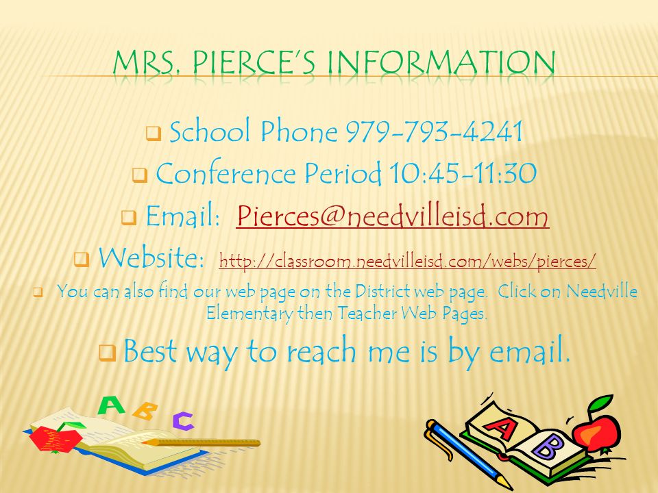  School Phone  Conference Period 10:45-11:30     Website:      You can also find our web page on the District web page.
