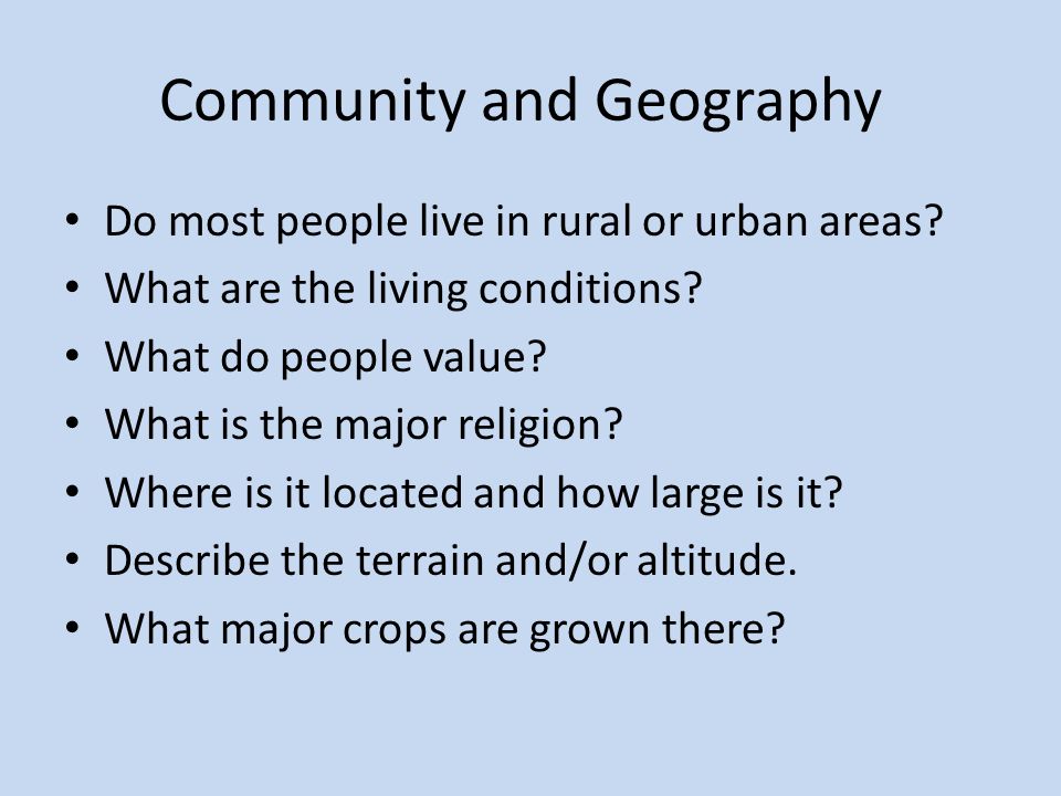 Community and Geography Do most people live in rural or urban areas.