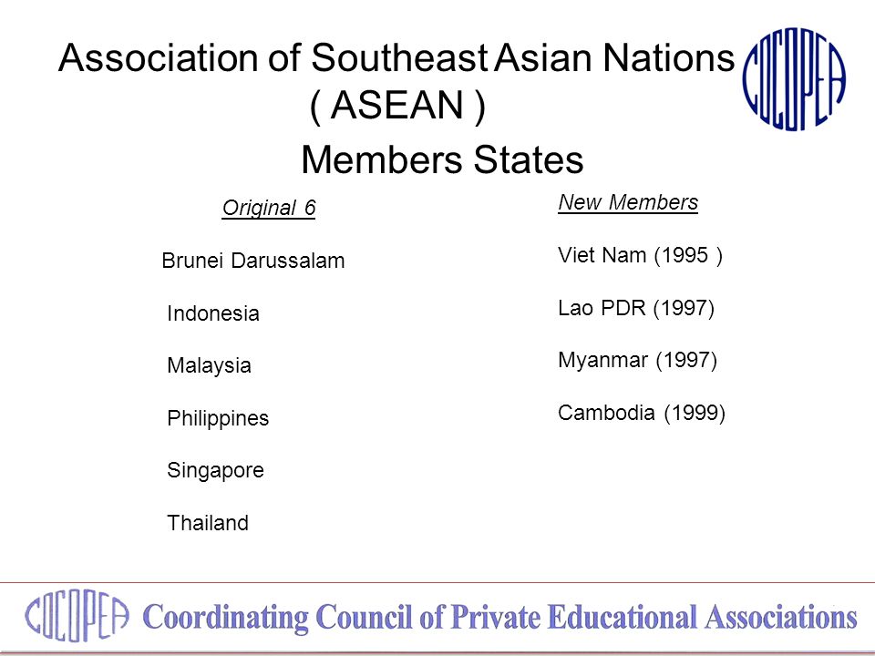 Association of Southeast Asian Nations ( ASEAN ) Members States Original 6 Brunei Darussalam Indonesia Malaysia Philippines Singapore Thailand New Members Viet Nam (1995 ) Lao PDR (1997) Myanmar (1997) Cambodia (1999)