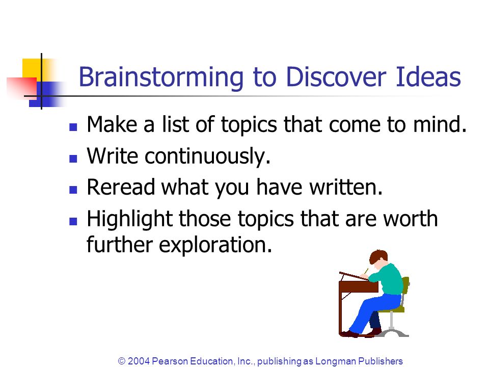 © 2004 Pearson Education, Inc., publishing as Longman Publishers Brainstorming to Discover Ideas Make a list of topics that come to mind.