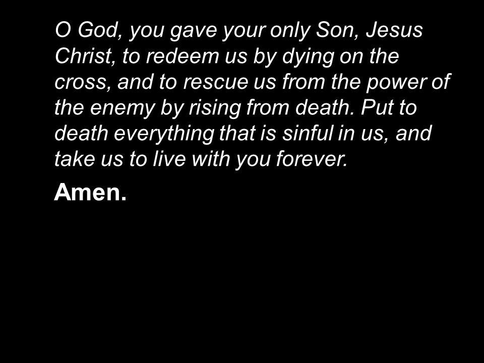 O God, you gave your only Son, Jesus Christ, to redeem us by dying on the cross, and to rescue us from the power of the enemy by rising from death.