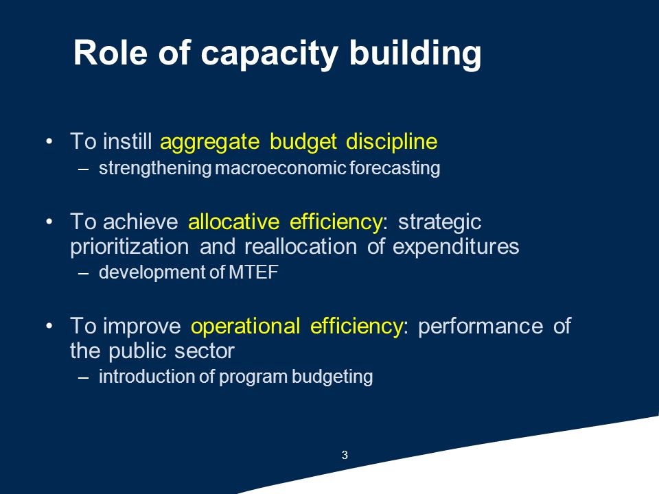 3 Role of capacity building To instill aggregate budget discipline –strengthening macroeconomic forecasting To achieve allocative efficiency: strategic prioritization and reallocation of expenditures –development of MTEF To improve operational efficiency: performance of the public sector –introduction of program budgeting