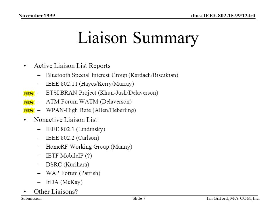 doc.: IEEE /124r0 Submission November 1999 Ian Gifford, M/A-COM, Inc.Slide 7 Liaison Summary Active Liaison List Reports –Bluetooth Special Interest Group (Kardach/Bisdikian) –IEEE (Hayes/Kerry/Murray) –ETSI BRAN Project (Khun-Jush/Delaverson) –ATM Forum WATM (Delaverson) –WPAN-High Rate (Allen/Heberling) Nonactive Liaison List –IEEE (Lindinsky) –IEEE (Carlson) –HomeRF Working Group (Manny) –IETF MobileIP ( ) –DSRC (Kurihara) –WAP Forum (Parrish) –IrDA (McKay) Other Liaisons