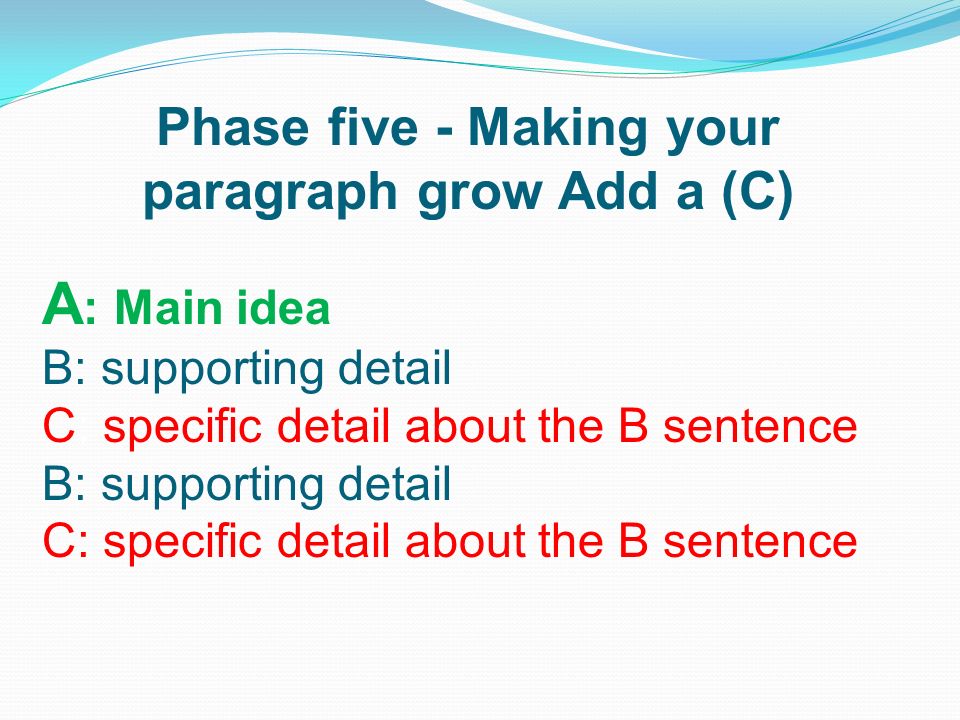A : Main idea B: supporting detail C: specific detail about the B sentence B: supporting detail C: specific detail about the B sentence Phase five - Making your paragraph grow Add a (C)