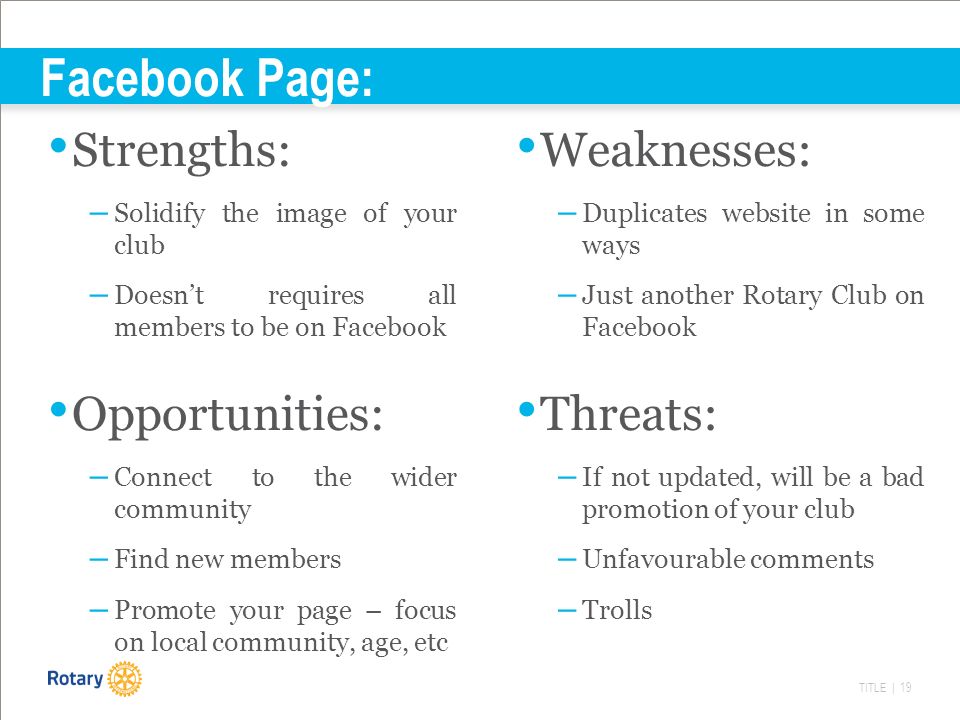 TITLE | 19 Facebook Page: Strengths: – Solidify the image of your club – Doesn’t requires all members to be on Facebook Weaknesses: – Duplicates website in some ways – Just another Rotary Club on Facebook Opportunities: – Connect to the wider community – Find new members – Promote your page – focus on local community, age, etc Threats: – If not updated, will be a bad promotion of your club – Unfavourable comments – Trolls