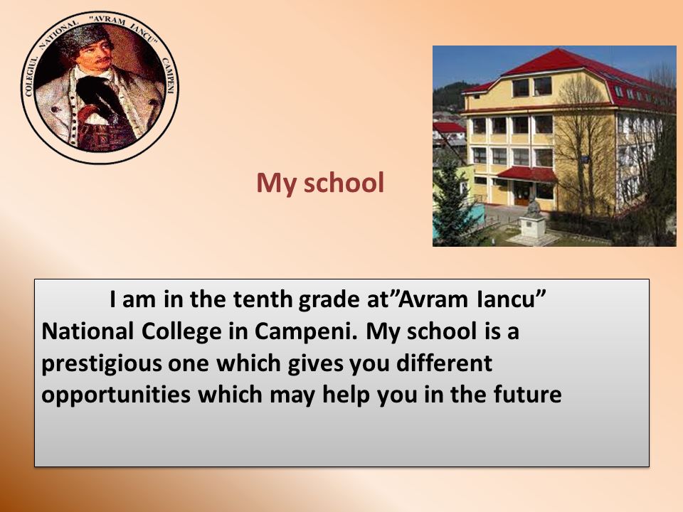 My school I am in the tenth grade at Avram Iancu National College in Campeni.
