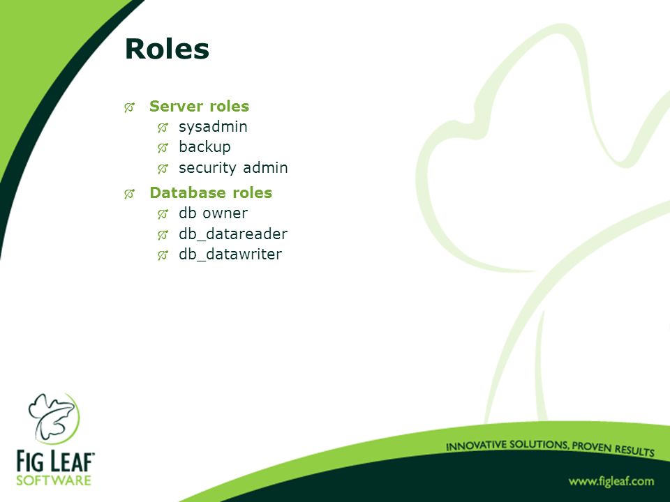 Roles  Server roles  sysadmin  backup  security admin  Database roles  db owner  db_datareader  db_datawriter