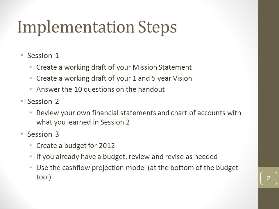 Session 1 Create a working draft of your Mission Statement Create a working draft of your 1 and 5 year Vision Answer the 10 questions on the handout Session 2 Review your own financial statements and chart of accounts with what you learned in Session 2 Session 3 Create a budget for 2012 If you already have a budget, review and revise as needed Use the cashflow projection model (at the bottom of the budget tool) 2 Implementation Steps