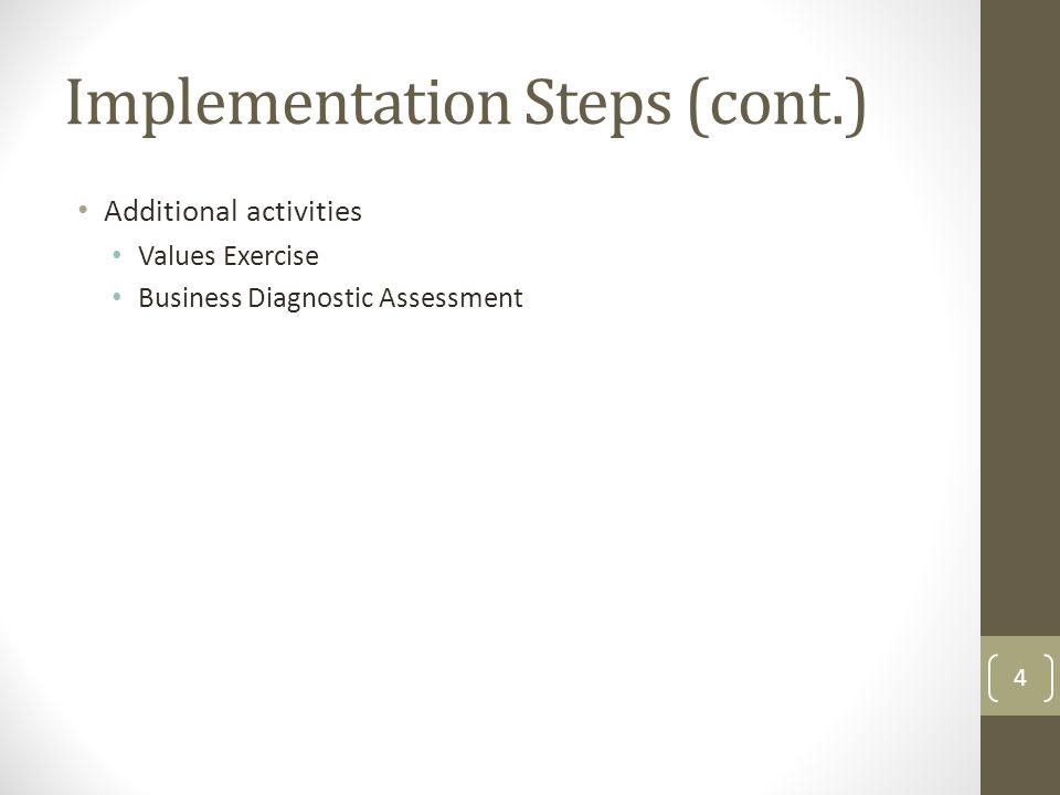 Additional activities Values Exercise Business Diagnostic Assessment Implementation Steps (cont.) 4