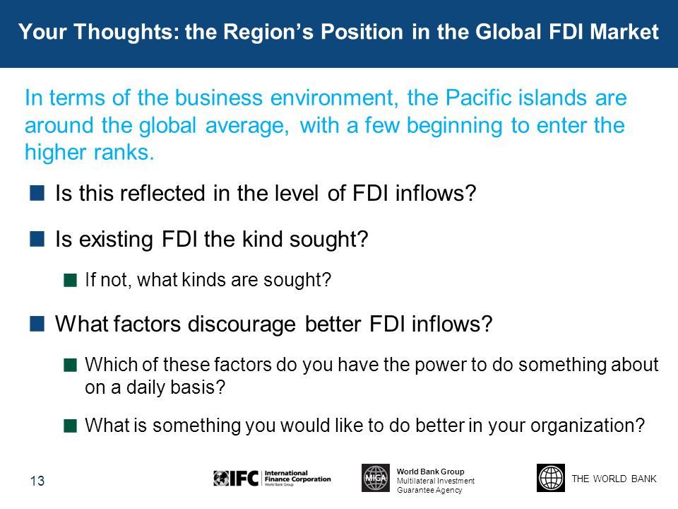 THE WORLD BANK World Bank Group Multilateral Investment Guarantee Agency Your Thoughts: the Region’s Position in the Global FDI Market Is this reflected in the level of FDI inflows.