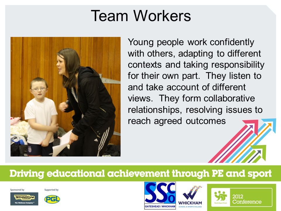 Young people work confidently with others, adapting to different contexts and taking responsibility for their own part.