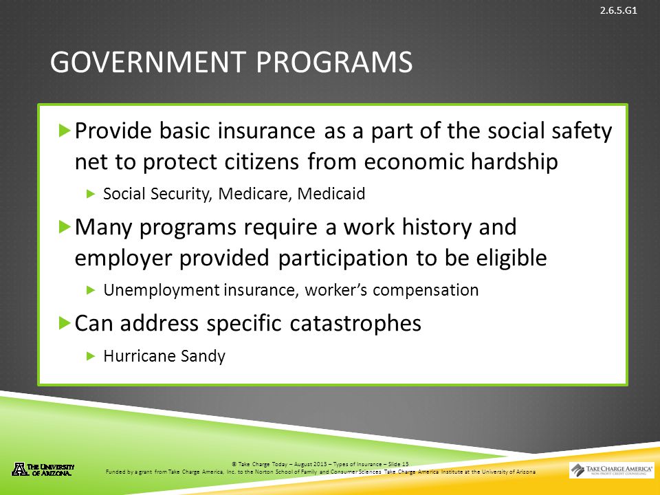 © Take Charge Today – August 2013 – Types of Insurance – Slide 13 Funded by a grant from Take Charge America, Inc.