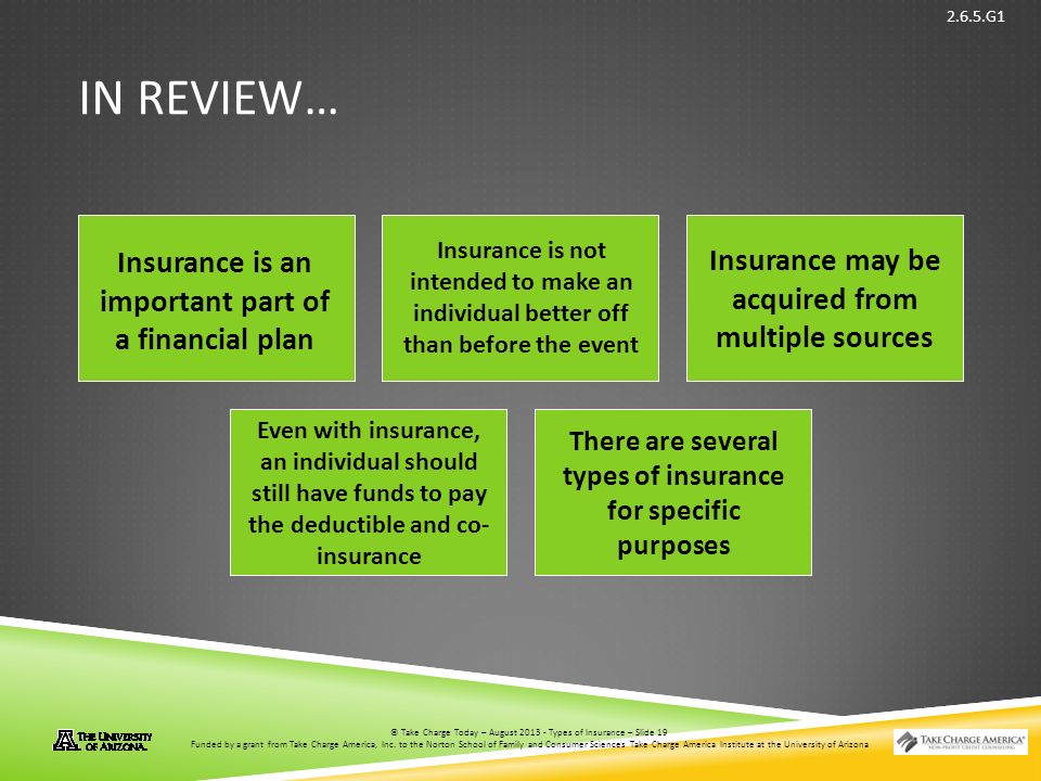 © Take Charge Today – August 2013 – Types of Insurance – Slide 19 Funded by a grant from Take Charge America, Inc.