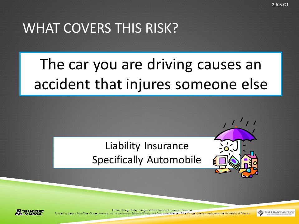 © Take Charge Today – August 2013 – Types of Insurance – Slide 24 Funded by a grant from Take Charge America, Inc.