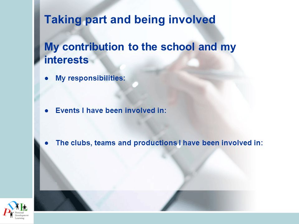 Taking part and being involved My contribution to the school and my interests ●My responsibilities: ●Events I have been involved in: ●The clubs, teams and productions I have been involved in:
